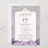 スウィート16銀モダングリッターパープルフローラ 招待状 (正面)