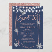 スウィート16雪片ジオメトリックバラ金ゴールドネイビーブルー 招待状 (正面/裏面)