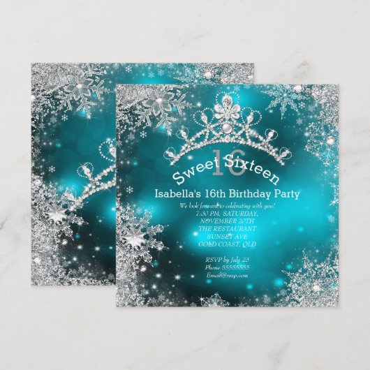 スウィート16 ウィンター ワンダーランド シルバー ティール 招待状 (正面/裏面)