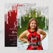 スウィート16 エリザベス 赤 グレー シルバー ドリップス フォト 招待状 (正面/裏面)