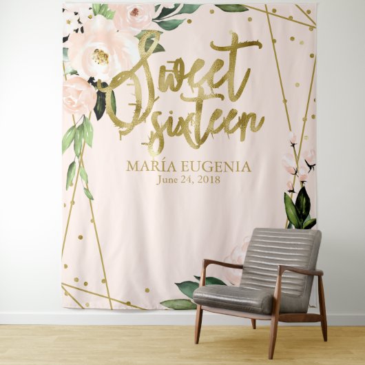 スウィート16 ゴールドホイル ブッシュピンク フラワーバックドロップ タペストリー (インサイチュ)