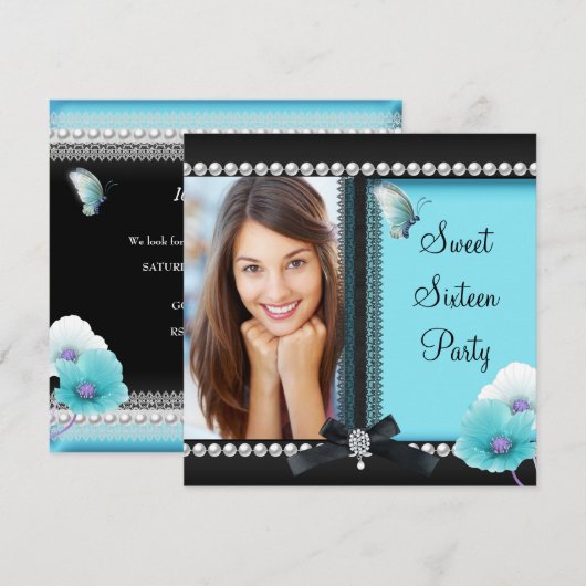 スウィート16 シックスティーン ティール ブルー ブラック バタフライ 招待状 (正面/裏面)