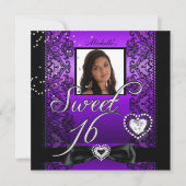 スウィート16 スウィート シックスティーン パープル ブラックレース フォト 招待状 (正面)
