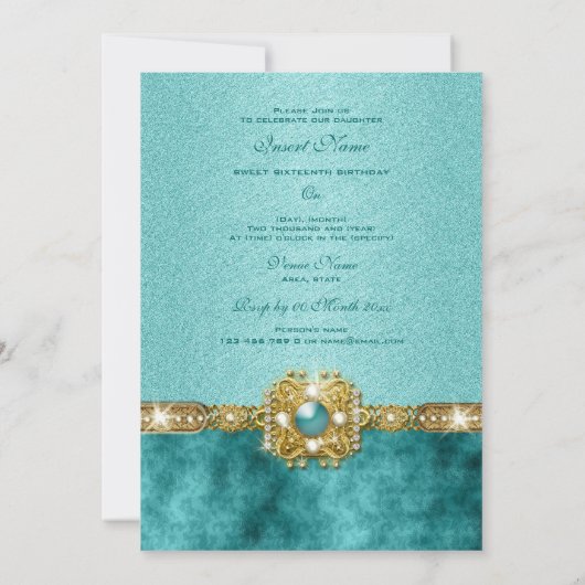 「スウィート16」ターコイズゴールド 16歳の誕生日 招待状 (裏面)