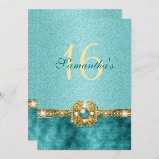 「スウィート16」ターコイズゴールド 16歳の誕生日 招待状 (正面/裏面)