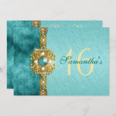 「スウィート16」ターコイズゴールド 16歳の誕生日 招待状 (正面/裏面)