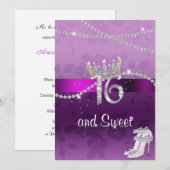 スウィート16 ダイヤモンド クラウン ハイ ヒール パープル 招待状 (正面/裏面)