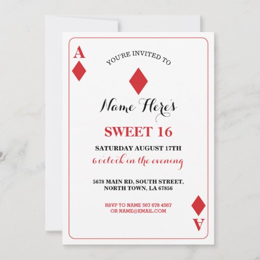 スウィート16 ダイヤモンド プレイイングカード ベガス 誕生日 エース 招待状 (正面)