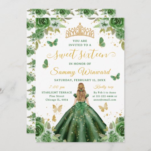 スウィート16 ダークグリーン プリンセス ブロンドガール 招待状 (正面/裏面)