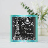 スウィート16 ティールブルー グリッター ティアラ エッフェル塔2 招待状 (スタンド正面)