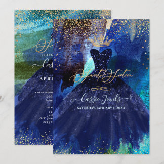 スウィート16 ティール ネイビーブルー 水彩ドレス 招待状