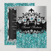 スウィート16 ティール フラワー グリッター パーティー 招待状 (正面/裏面)