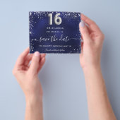 スウィート16 ネイビーブルー シルバーグリッター 保存日付 予算 チラシ (手)