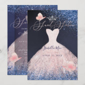 スウィート16 バタフライ ブラッシュ グリッター ドレス ネイビー 招待状 (正面/裏面)