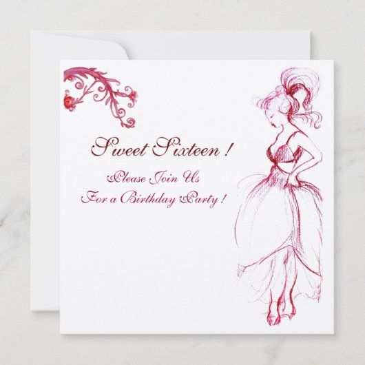 スウィート16 バースデーパーティー モノグラム 赤いピンクの渦巻き 招待状 (正面)