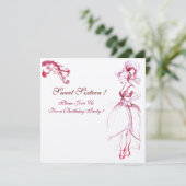 スウィート16 バースデーパーティー モノグラム 赤いピンクの渦巻き 招待状 (スタンド正面)