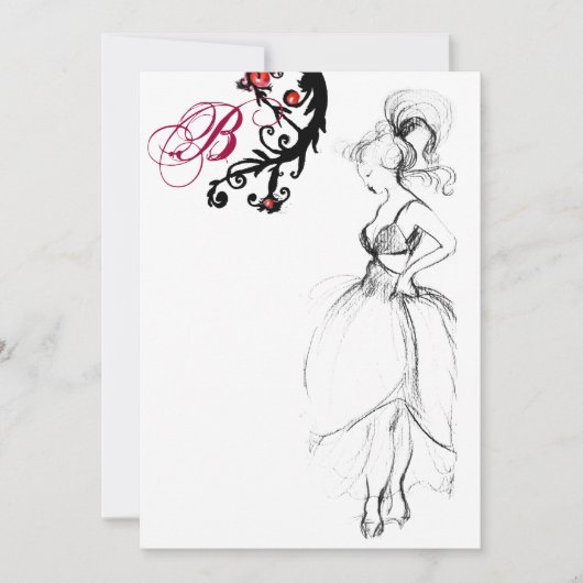 スウィート16 バースデーパーティー モノグラム 赤 黒 スワール 招待状 (正面)