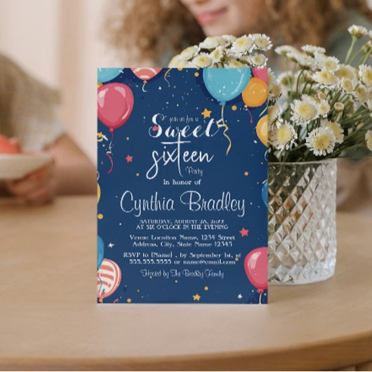 スウィート16 バースデーパーティーI 風船 青 招待状