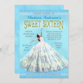 スウィート16 バースデー ウォーターカラードレス ロイヤルブルー ゴールド 招待状 (正面/裏面)
