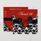 スウィート16 バースデー レッド ブラック ホワイト フラワーボウ 招待状 (正面/裏面)