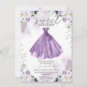 スウィート16 パープル ウォーターカラー フラワー ドレス 招待状 (正面)