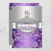 スウィート16 パープル&シルバー 花柄 アナウンスメント 招待状 (正面/裏面)