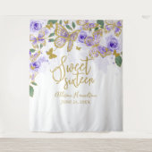 スウィート16 パープル バタフライ フラワーバックドロップ タペストリー (正面)