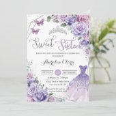 スウィート16 パープル フラワープリント 16歳の誕生日ドレス 招待状 (スタンド正面)