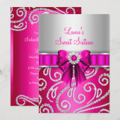 スウィート16 ピンクの弓 & スパークルダイヤモンド アナウンスメント 招待状 (正面/裏面)