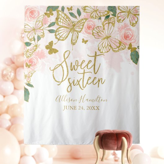 スウィート16 ピンクの蝶の花の背景 タペストリー