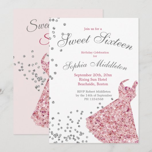 スウィート16 ピンクスパークル エレガント モダン バースデー 招待状 (正面/裏面)