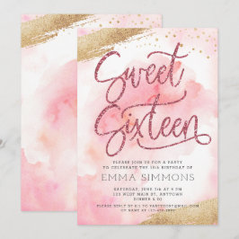 スウィート16 ピンク ウォーターカラー グリッター 誕生日 招待状