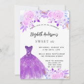 スウィート16 ピンク パープル 花のドレス 招待状 (正面)