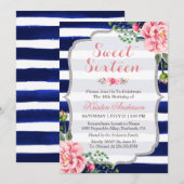 スウィート16 ピンク フローラル シルバー ブルー ストライプ 招待状 (正面/裏面)