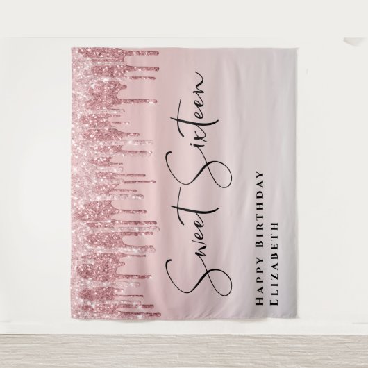 スウィート16 ピンク ローズゴールド グリッター バースデーパーティー タペストリー (正面)