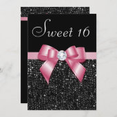 スウィート16 フェイクシークイン ダイヤモンド リボン ブラック ピンク 招待状 (正面/裏面)
