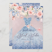 スウィート16 フラワー ダスティーブルー グリッター ドレス 招待状 (正面/裏面)