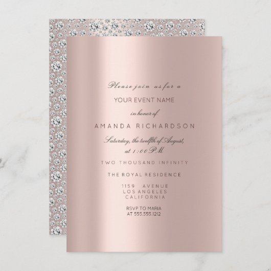 スウィート16 ブライダル ローズ パステルピンク ローズ ダイヤモンド 招待状 (正面/裏面)