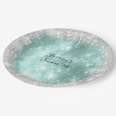 スウィート16 プリティ ターコイズ スパークル, シルバー グリッター ペーパープレート (アングル)