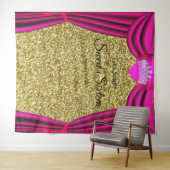 スウィート16 プリンセス クラウン ピンク カーテン ゴールド グリッター タペストリー (インサイチュ(横))