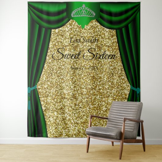 スウィート16 プリンセス ティアラ 緑のカーテン 金のグリッター タペストリー (インサイチュ)