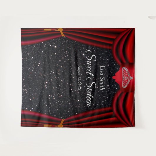 スウィート16 プリンセス ティアラ 赤いカーテン 黒いグリッター タペストリー (正面(横))