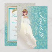 スウィート16 / プリンセス + ティール ダマスク 招待状 (正面/裏面)