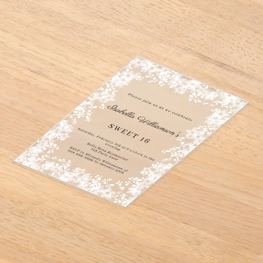 スウィート16 ホワイトスノーフレーク ウィンターパーティー 霜の降りたような アクリル招待状 (レイダウン)