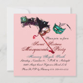 スウィート16 マスカレードパーティー、ピンクゴールドメタリック 招待状 (裏面)