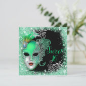 スウィート16 マスカレードボール ターコイズグリッター 招待状 (スタンド正面)