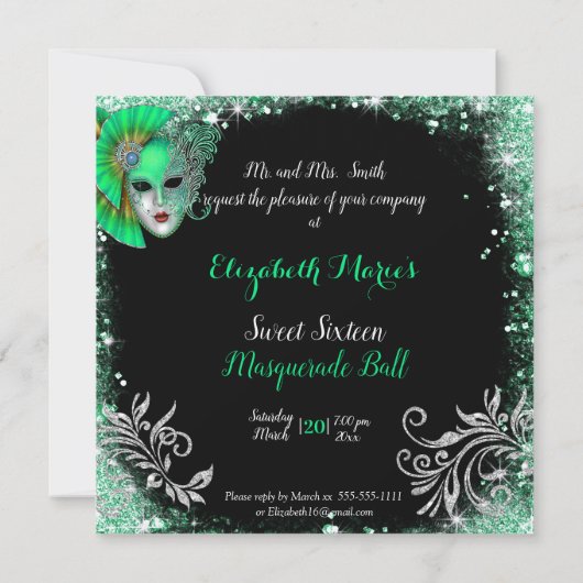 スウィート16 マスカレードボール ターコイズグリッター 招待状 (裏面)
