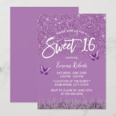 スウィート16 モダン ラベンダー 偽グリッター 招待状 (正面/裏面)