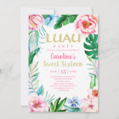 スウィート16 ルアウ トロピカル フローラル ピンク ハワイアン 招待状 (正面)