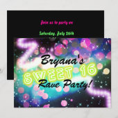 スウィート16 レイブ クラブ ネオン バースデー パーティー 招待状 (正面/裏面)